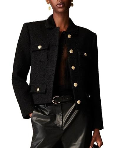 Womens Cropped Tweed Jackets Collarless Button Down Business Blazer Casual Outfits with Pockets Black | Amazon (US)