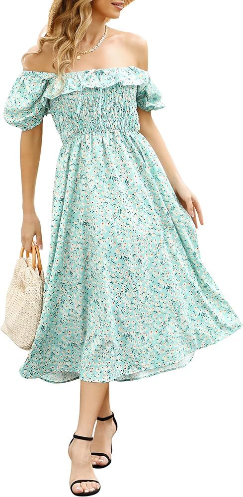 GloryStar Womens Summer Puff Sleeve Off Shoulder Dress Floral Print Ruffle Square Neck Vintage Sm... | Amazon (US)