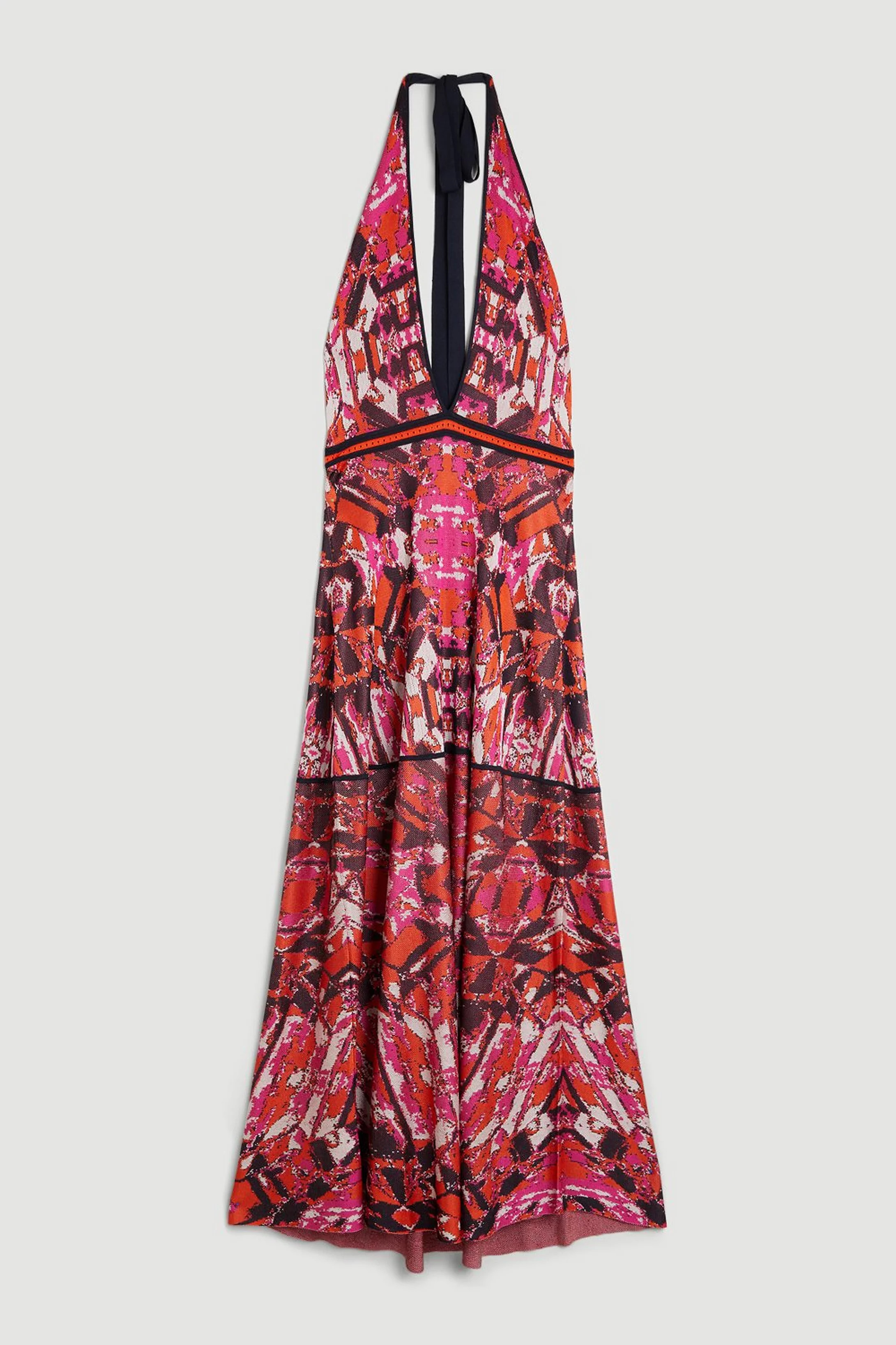 Slinky Knit Contrast Piping Halter Neck Maxi Dress | Karen Millen US