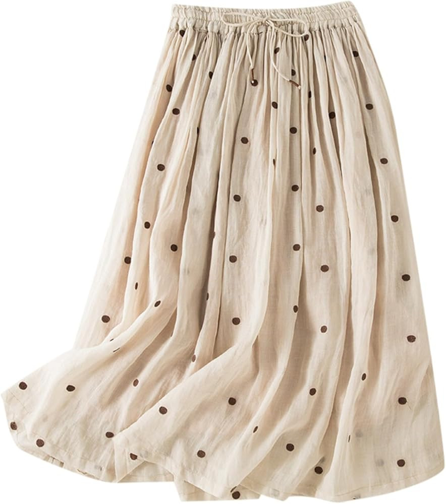 Womens Polka Dot Linen Maxi Skirt Summer Comfy Tiered Elastic High Waisted Aline Flowy Swing Plea... | Amazon (US)