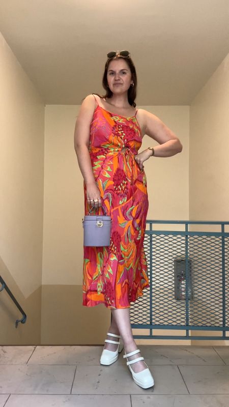 Farm rio midi dress, pink, red, green, date night, cocktail dress, purple circle bag / purse, NODALETO white Bulla Babies 85 patent-leather Mary Jane pumps, rayban round sunglasses, gold jewelry from Amazon (hoop earrings, rings)

#LTKunder50 #LTKstyletip #LTKunder100