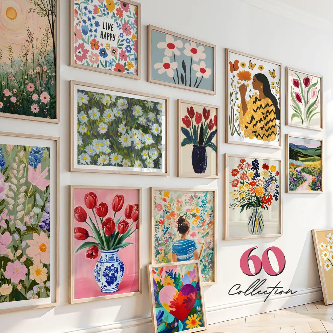 Flower Wall Art Prints, Colorful Floral Gallery Set, Modern Wildflowers Digital Downloads, 60 Bun... | Etsy (US)