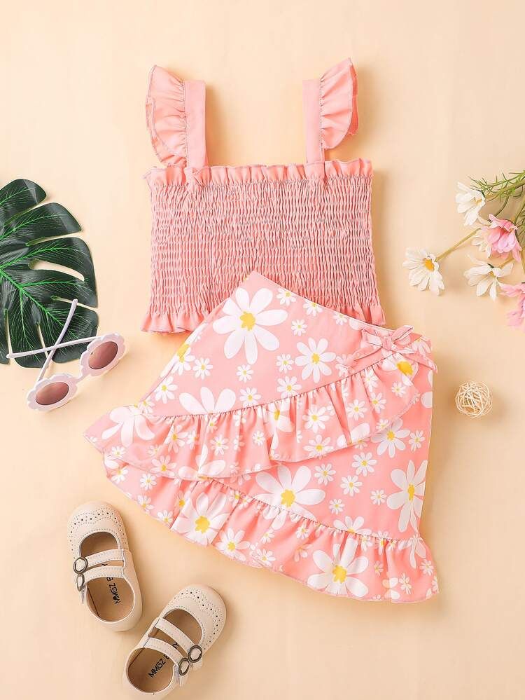 Toddler Girls Shirred Ruffle Trim Cami Top & Floral Print Skirt | SHEIN