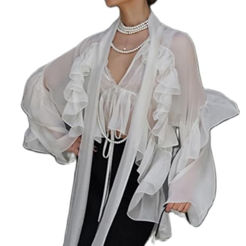 Ruffle Blouse for Women Sexy Sheer Tie Front Chiffon Shirt Long Sleeve Loose Fit Flowy Coquette Top Streetwear Ivory | Amazon (US)