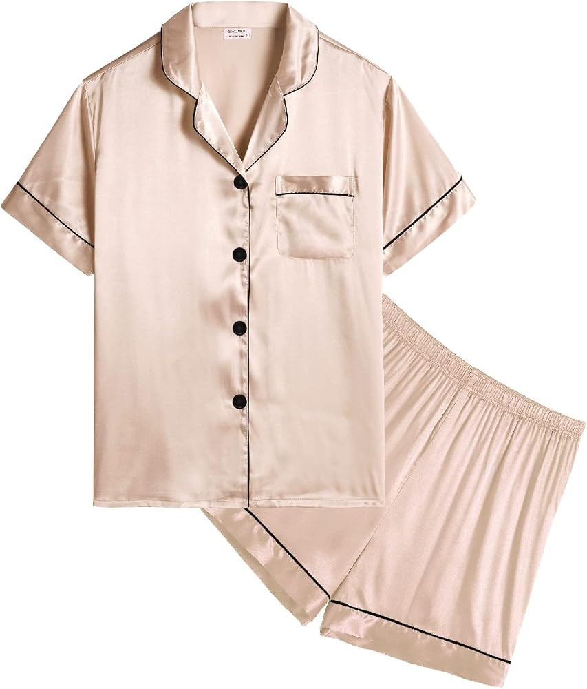 SWOMOG Kids Satin Pajamas Sets Girls Boys Button-Down Pjs Short Sleeve Silk Nightwear 2 Piece Lounge | Amazon (US)