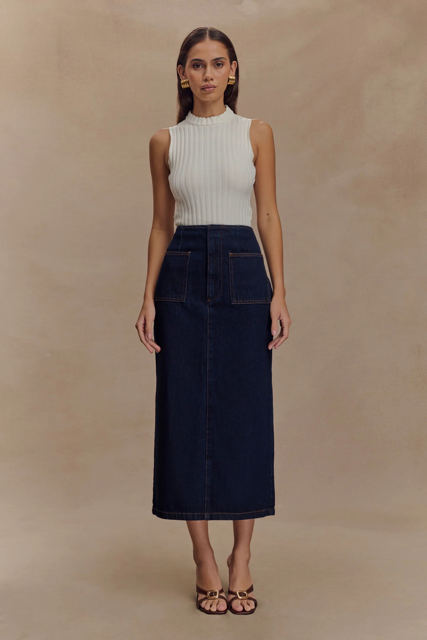 Fallon Denim Midi Skirt - Indigo Blue | MESHKI US