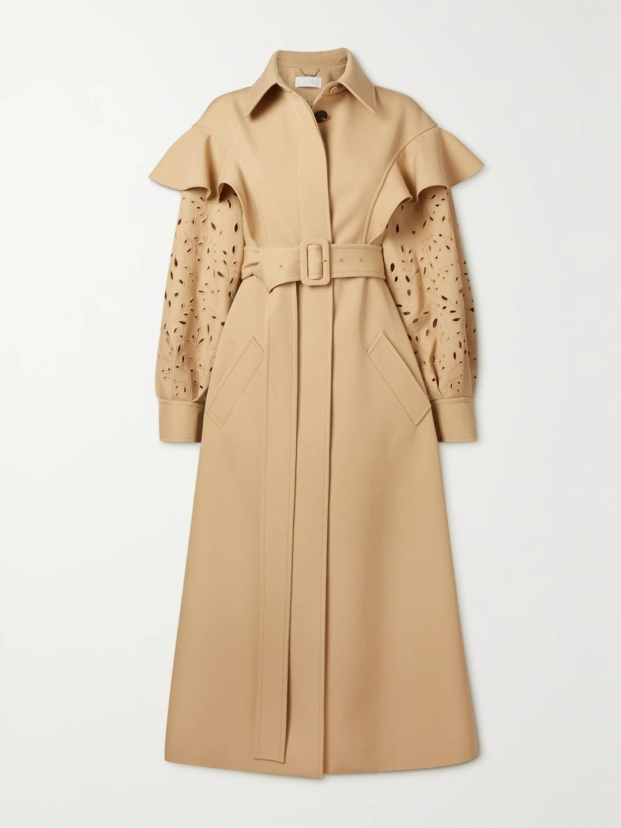 Belted ruffled broderie anglaise wool trench coat | NET-A-PORTER (US)