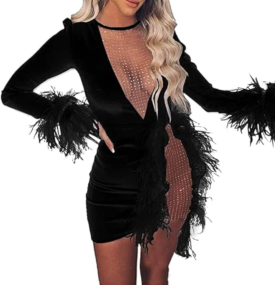 Nhicdns Women Sexy Club Dress Long Sleeve Deep V Neck Party Mini Dresses Feather Sequin Bodysuit | Amazon (US)