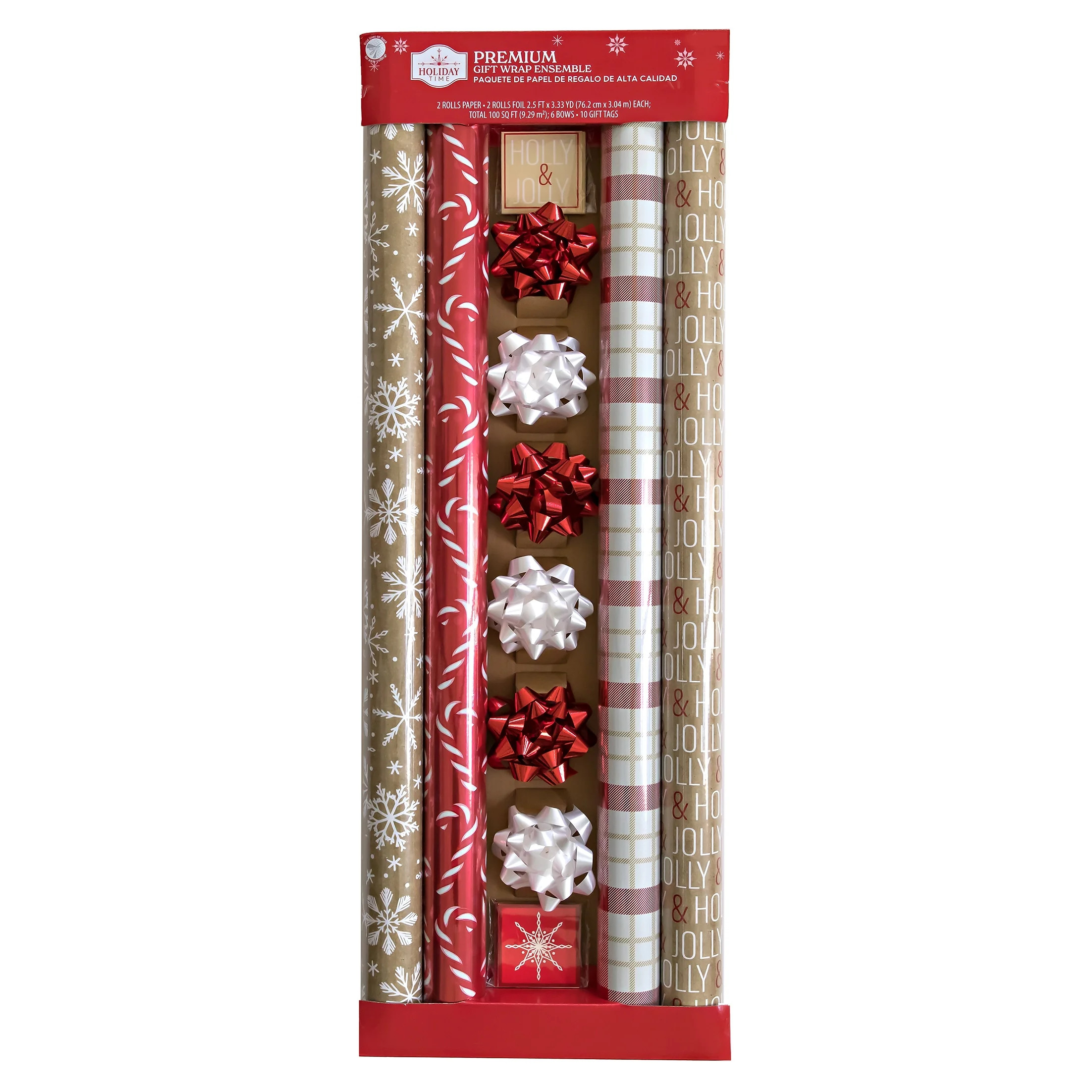 Premium Christmas Wrap Kit, 4 Rolls Paper & Foil Gift Wrap, 10 Tags, 6 Bows, Red, White, & Brown ... | Walmart (US)