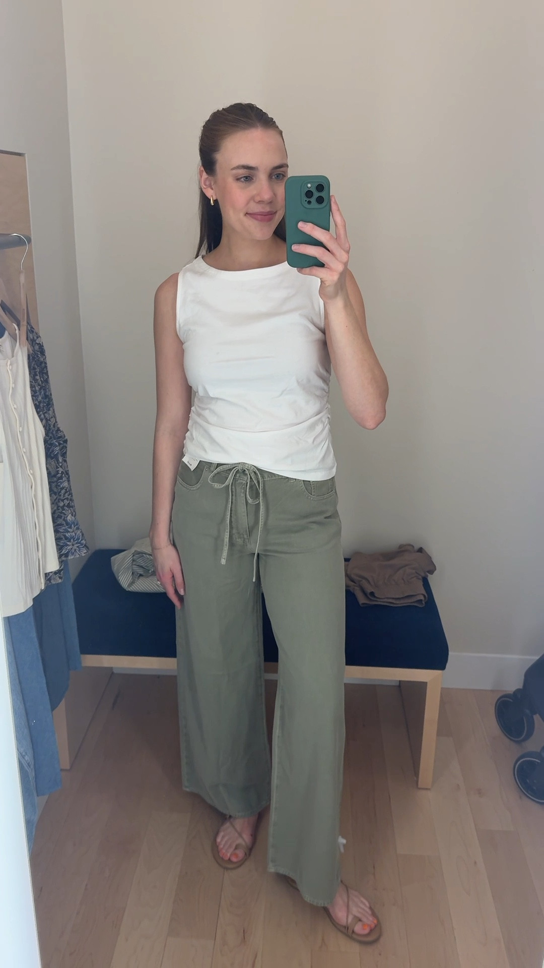 I wish y’all could feel how soft these pants are!! And so flattering. Also love how they can be cinched tighter at the waist if needed! #postpartum #denim #wideleg #pants 