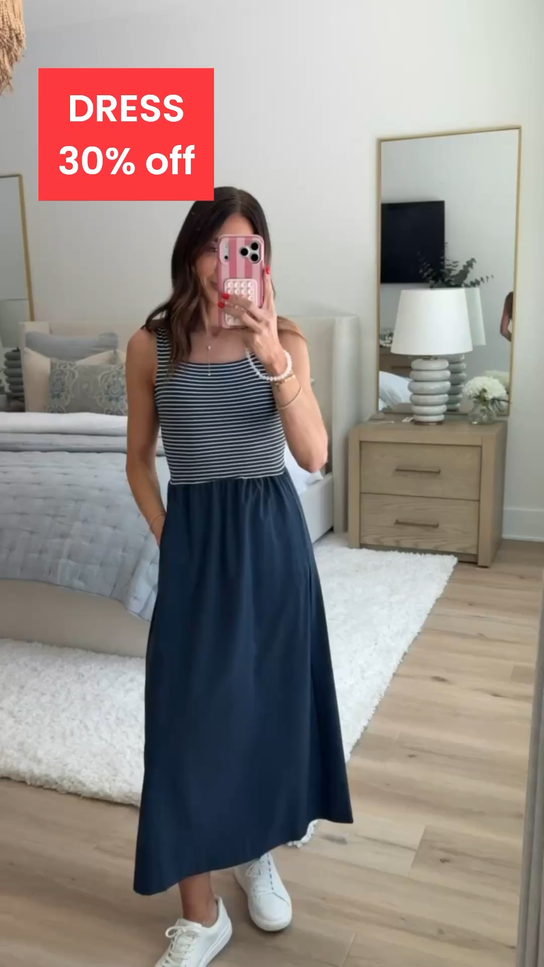 Target dress 30% off.
Size XS

striped midi dress, casual summer dress, navy midi dress, everyday dress, vacation outfit, striped knit top, dress with pockets, comfortable summer style, white sneakers outfit, travel dress, true to size, annabrstyle