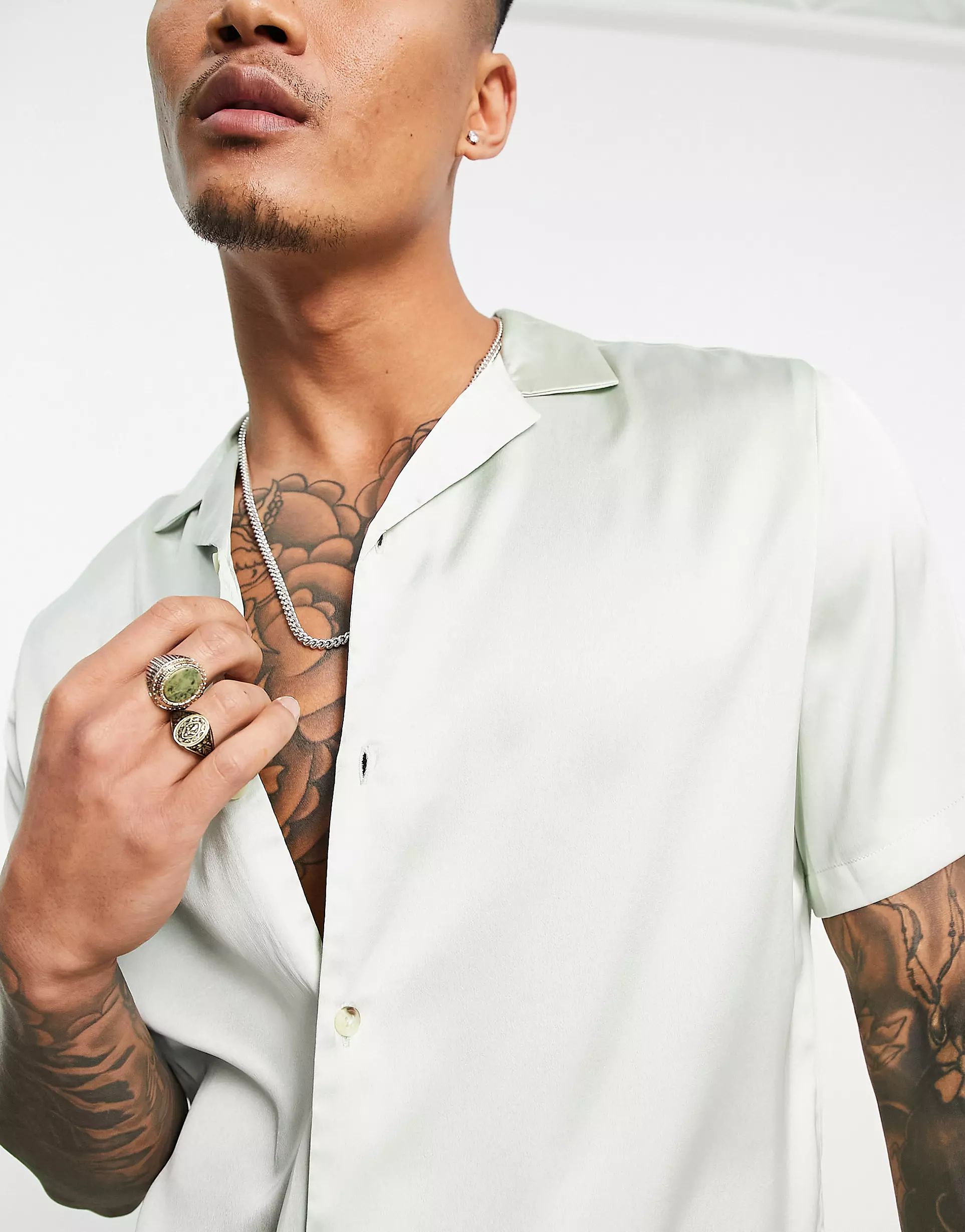 ASOS DESIGN regular camp collar satin shirt in mint green | ASOS (Global)