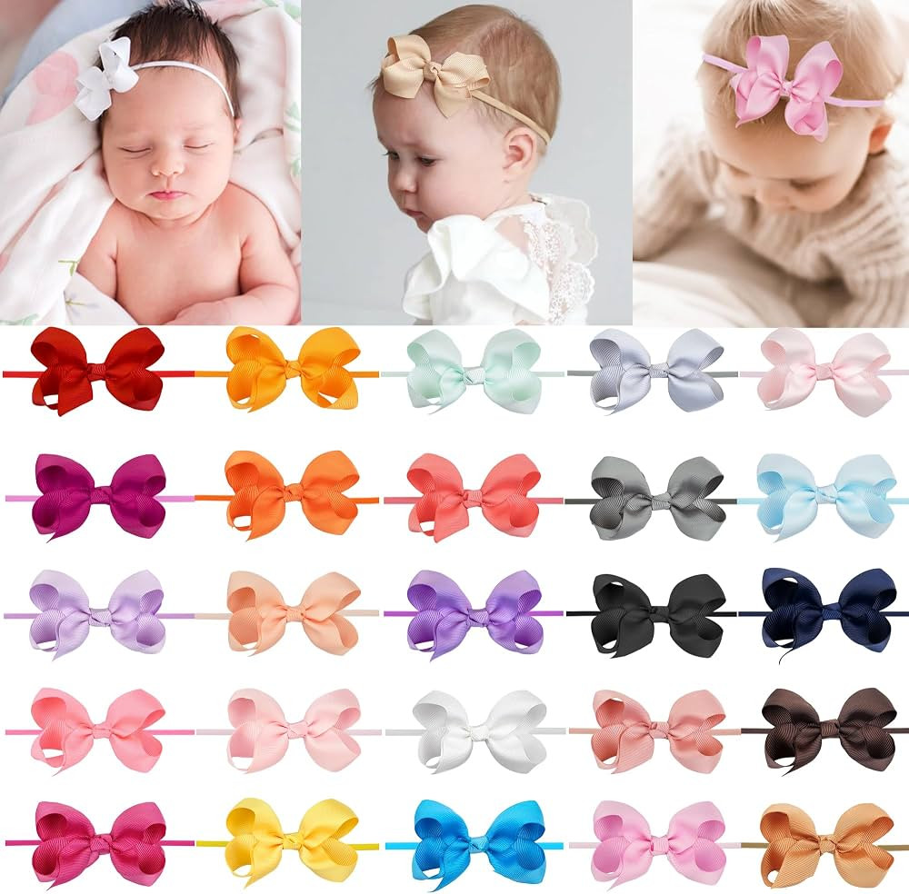 25 Colors Baby Girls Headbands 3Inch Grosgrain Ribbon Bow Nylon Headbands | Amazon (US)
