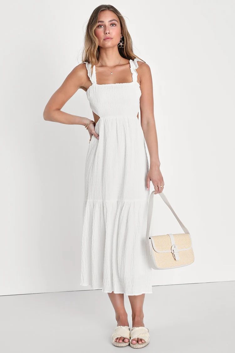 Dreamiest Darling White Smocked Tie-Back Tiered Midi Dress | Lulus