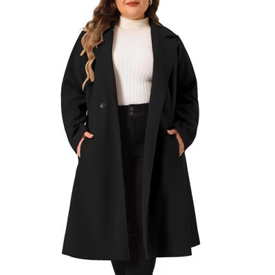 Women's Plus Size Double Breasted Notch Lapel Winter A Line Overcoats with Pockets - Agnes Orinda 1X Black | Target