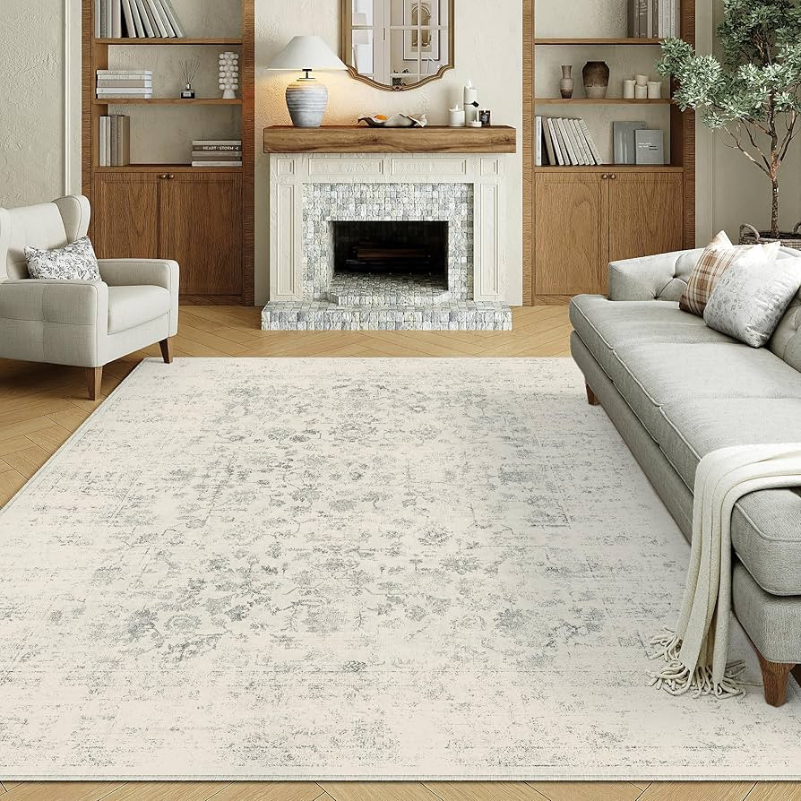 9x12 Living Room Rugs Light Grey Machine Washable Area Rug Retro Floral Vintage Low Pile Carpet L... | Amazon (US)