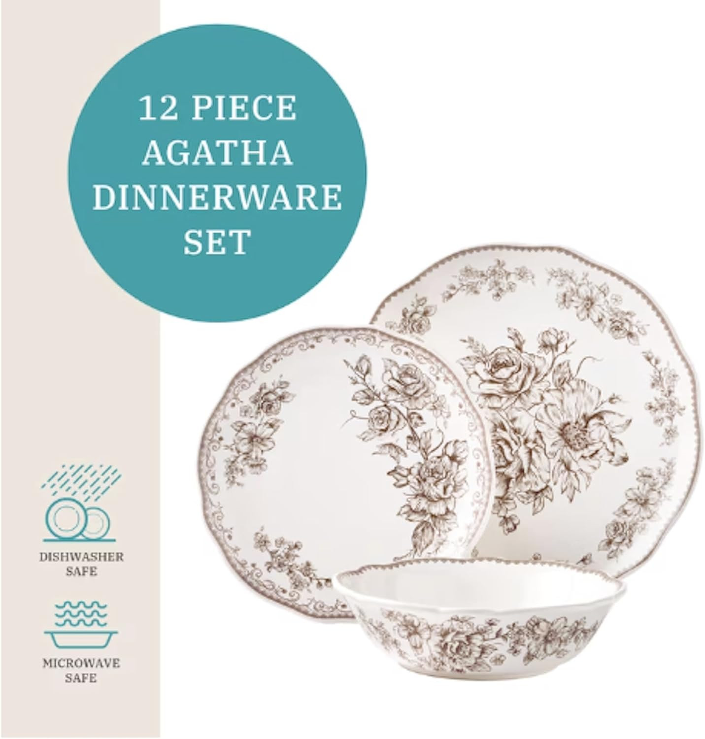 Vintage Inspired Agatha 12-Piece Stoneware Dinnerware Set (Agatha Brown) | Amazon (US)