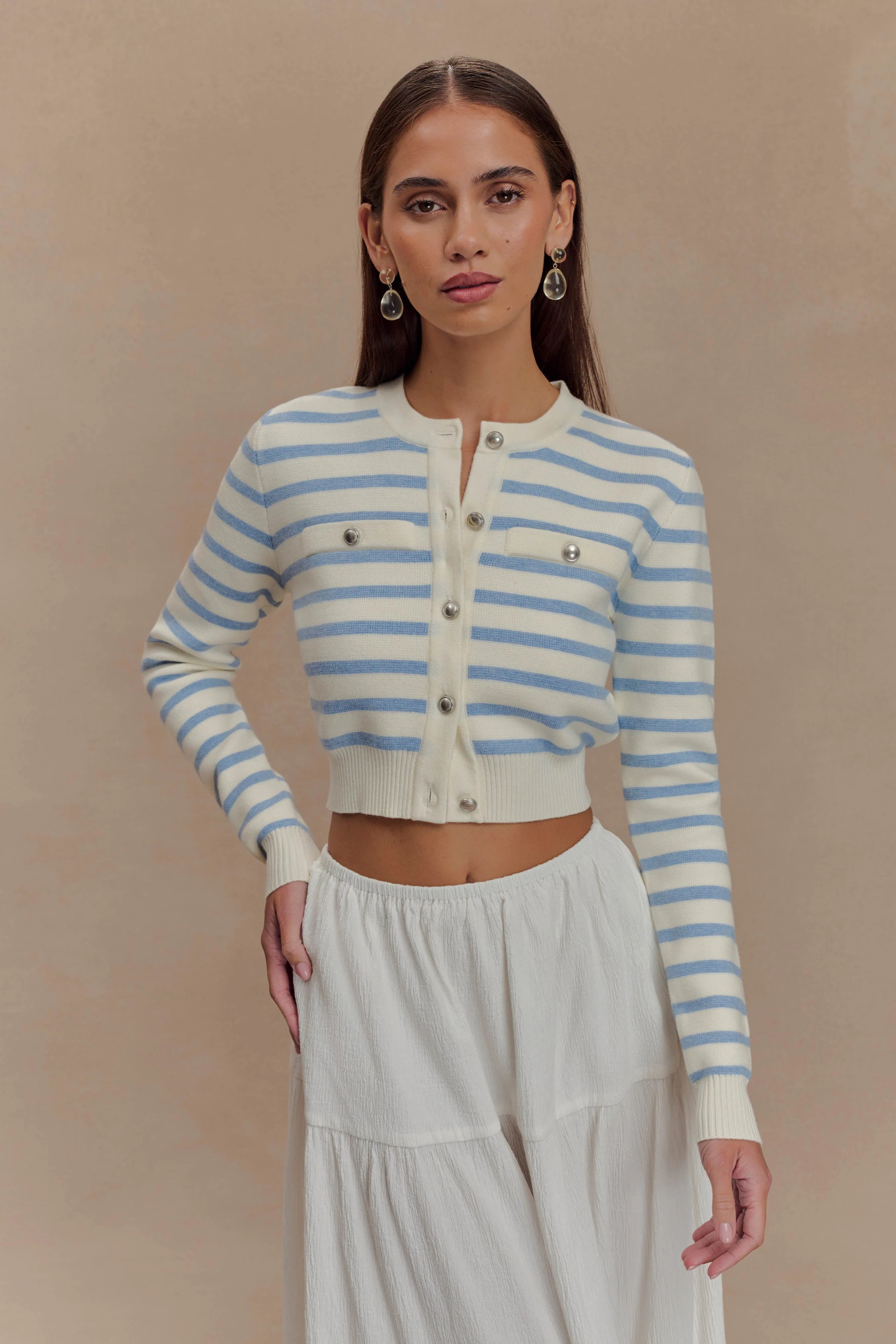 Tanner Striped Knit Cardigan - Light Blue/White | MESHKI US