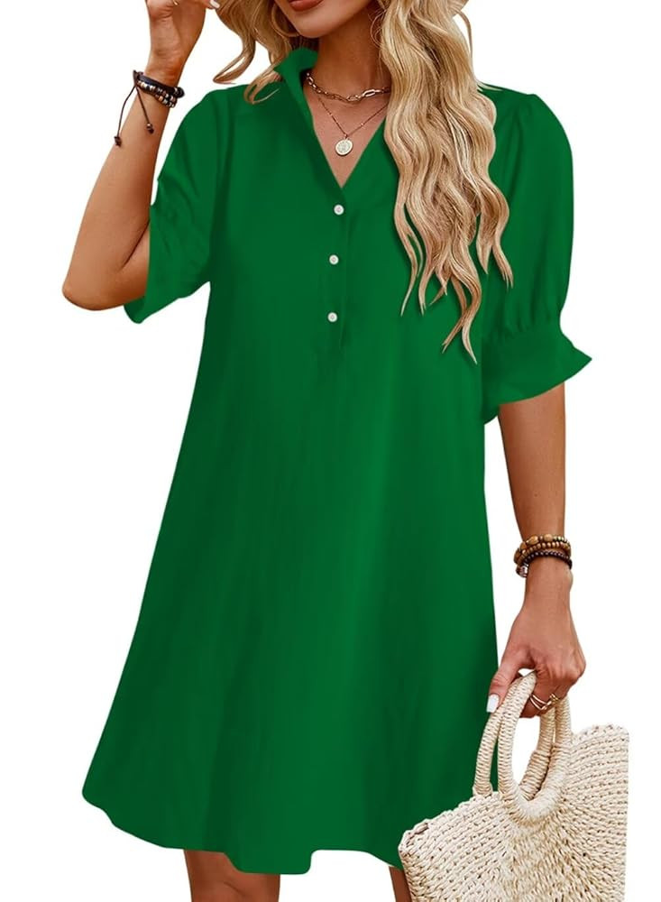 Womens Summer Shirt Dress 2025 Casual Ruffle Short Sleeve Button Down Flowy Swing Shift Mini Dres... | Amazon (US)