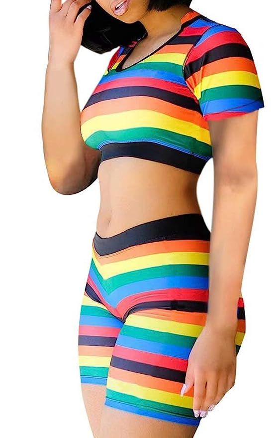 Women Two Piece Outfits Short Sleeve Striped Print Crop Top and High Waist Leggings Tracksuit Set... | Amazon (US)
