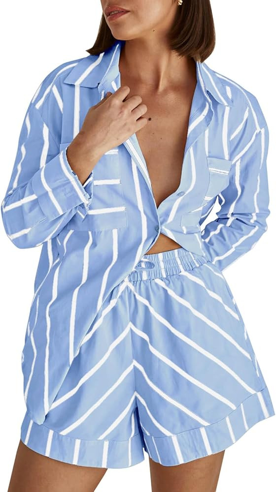 Tankaneo Womens Striped 2 Piece Outfits Button Down Shirts and Shorts Lounge Matching Sets | Amazon (US)