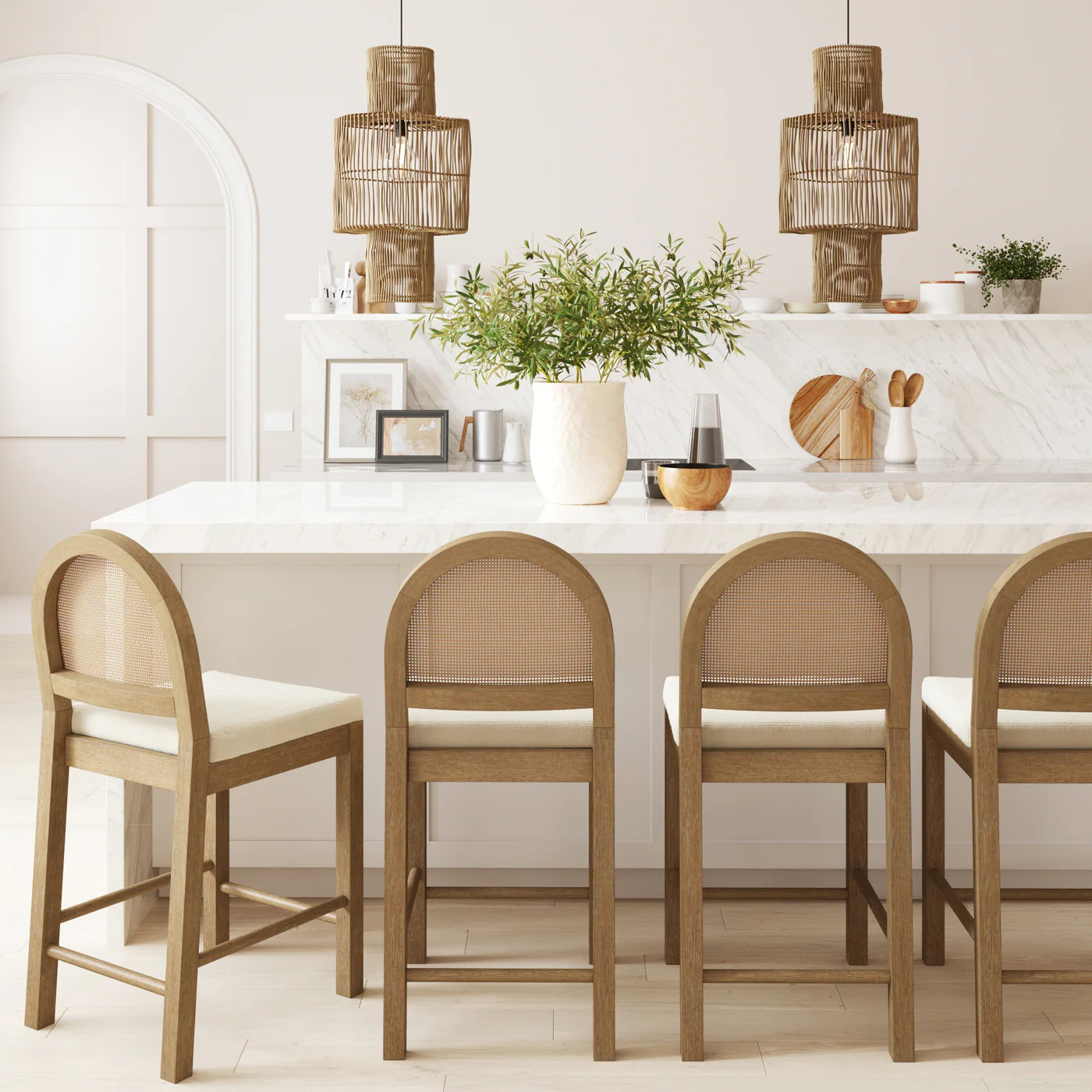 Boucle & Rattan Counter Height Bar Stools Light Brown (Set of 4) | Nathan James