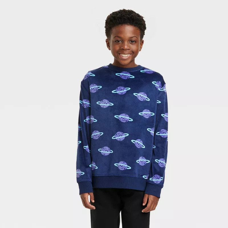 Boys' Microfleece Space Print Crewneck Sweatshirt - Cat & Jack™ Navy S | Target