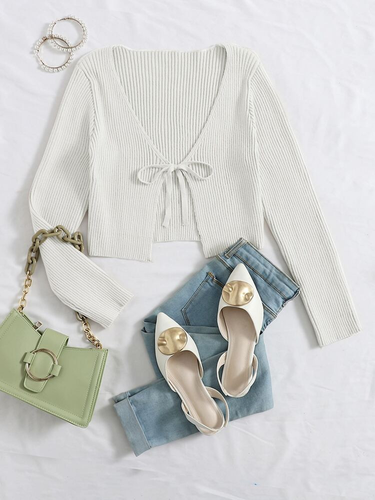 Tie Front Rib-knit Cardigan | SHEIN