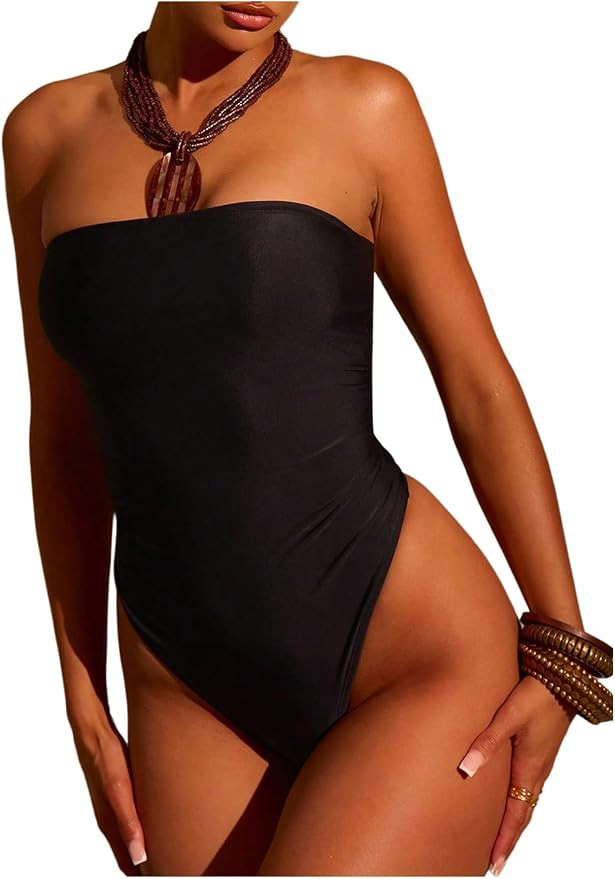 WDIRARA Women's One Piece Swimsuit Strapless Bandeau Bathing Suits Tummy Control Swimwear | Amazon (US)