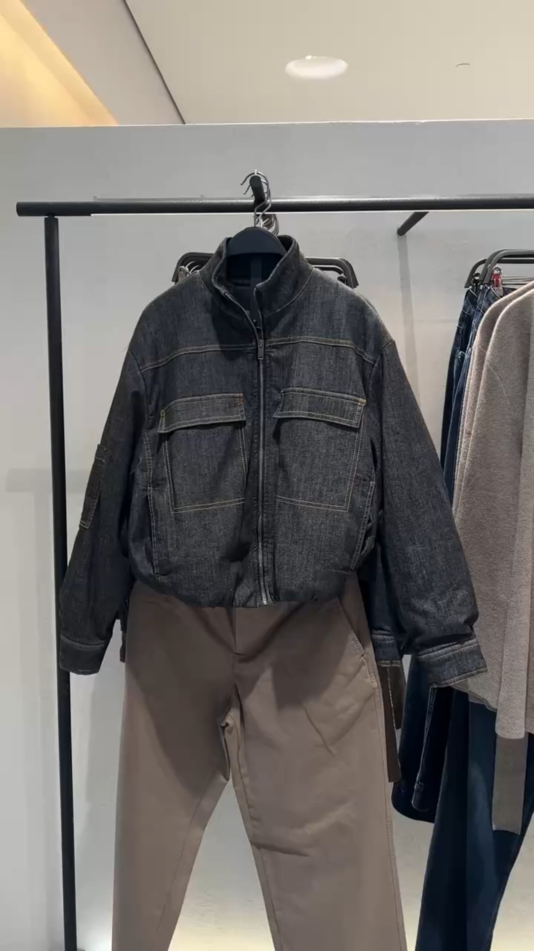 Dark wash denim high collar puffer bomber jacket find!!

#LTKootd