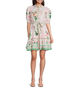A Loves A Floral Printed Linen Point Collar Short Bubble Sleeve Button Front Tie Waist Mini Dress - L | Dillard's