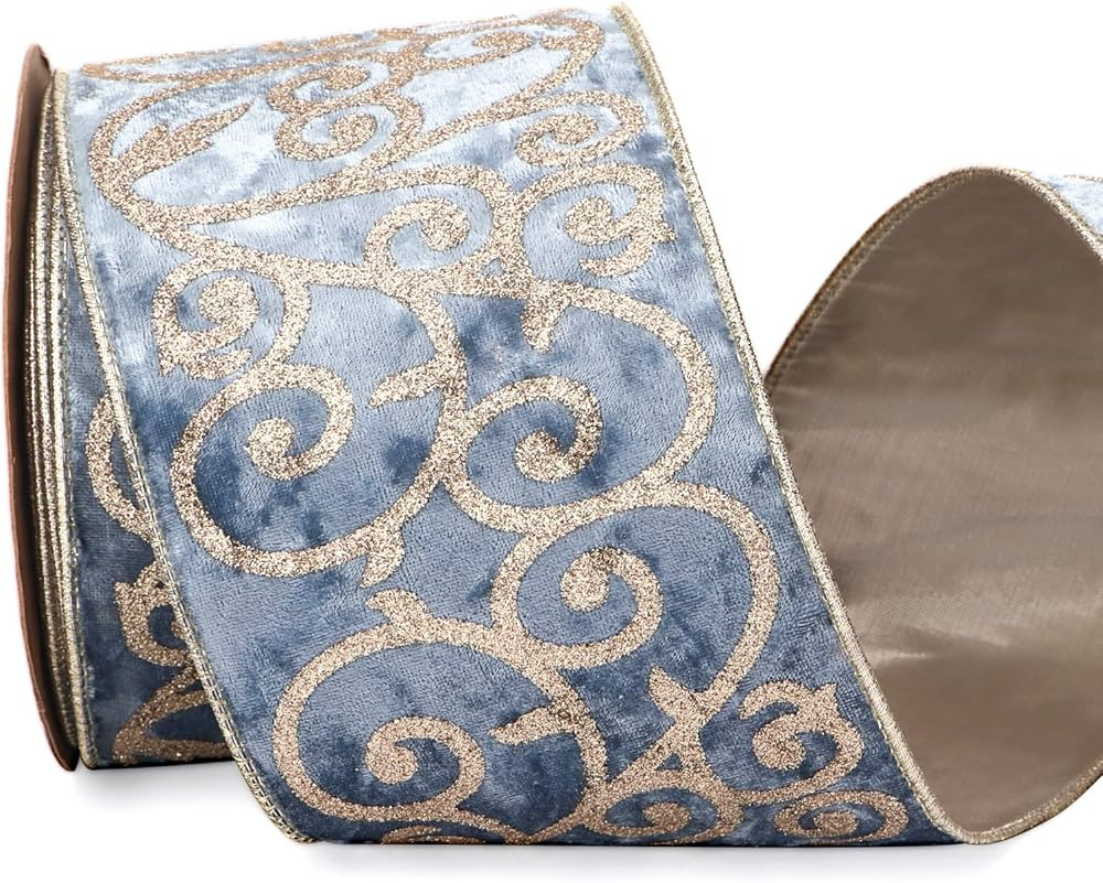 Ribbli Dusty Blue Velvet Ribbon Wired with Glitter Swirl 4 Inch Christmas Ribbon for Christmas Tr... | Amazon (US)