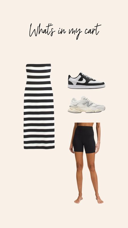 What’s in my cart! Things I’m shopping for! Lululemon align shorts- Nike- new balance- Abercrombie strapless dress- neutral style 