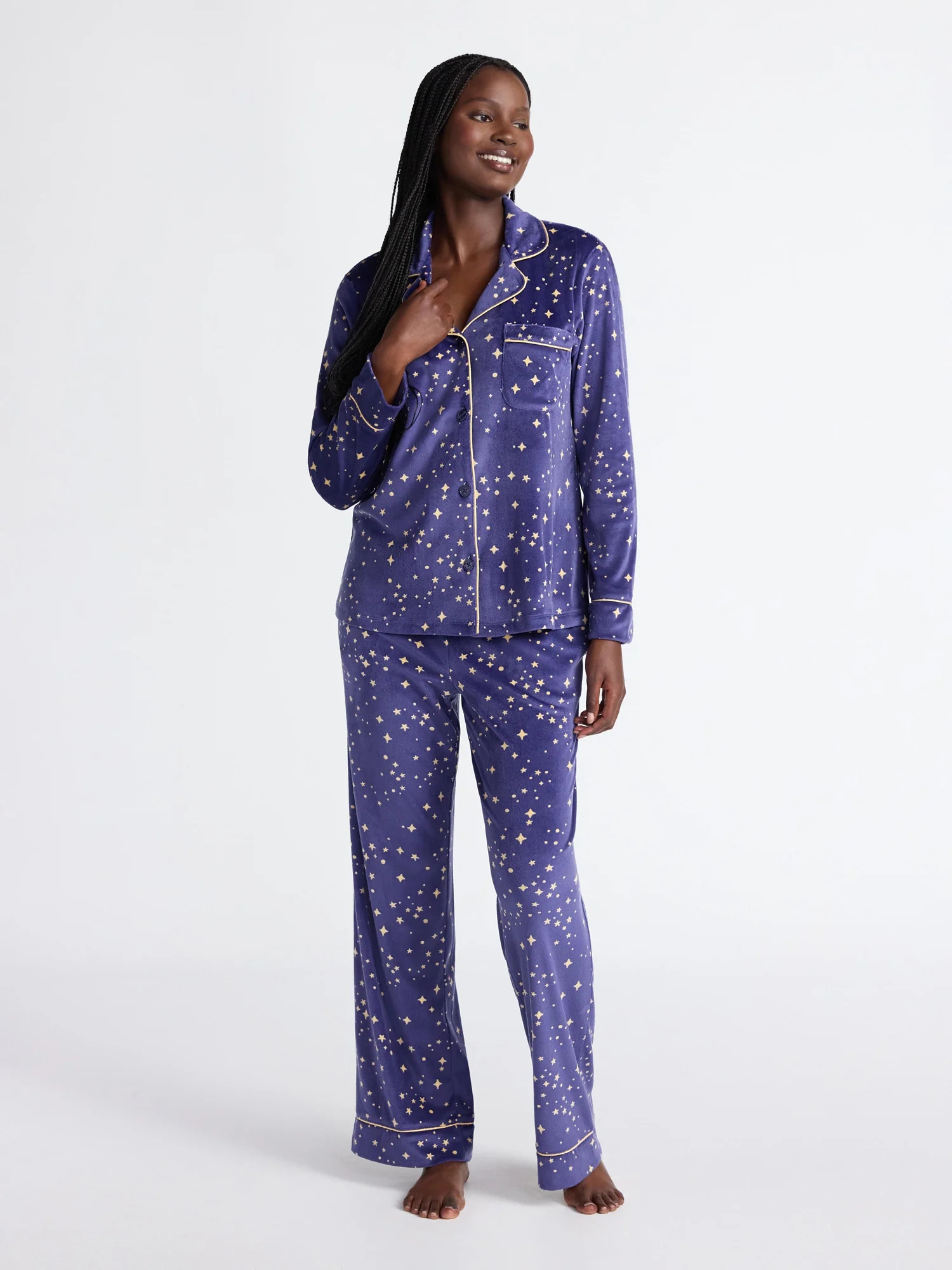 Joyspun Women’s Stretch Velour Notch Collar Long Sleeve Pajama Set, Sizes XS to 4X | Walmart (US)