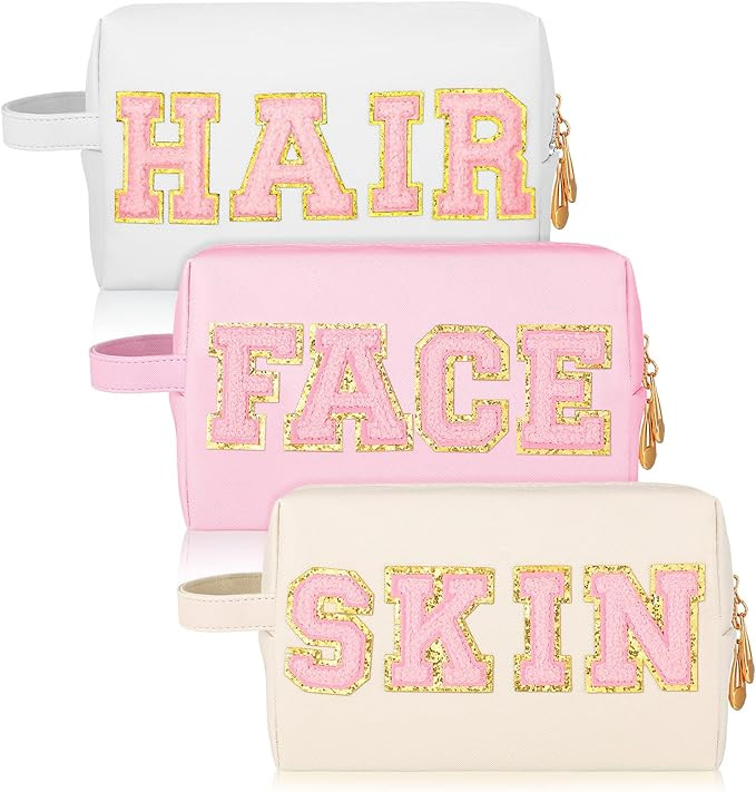 3 Pcs Preppy Makeup Bag Preppy Travel Toiletry Bag for Women Chenille Letters Patch Bag with Hand... | Amazon (US)