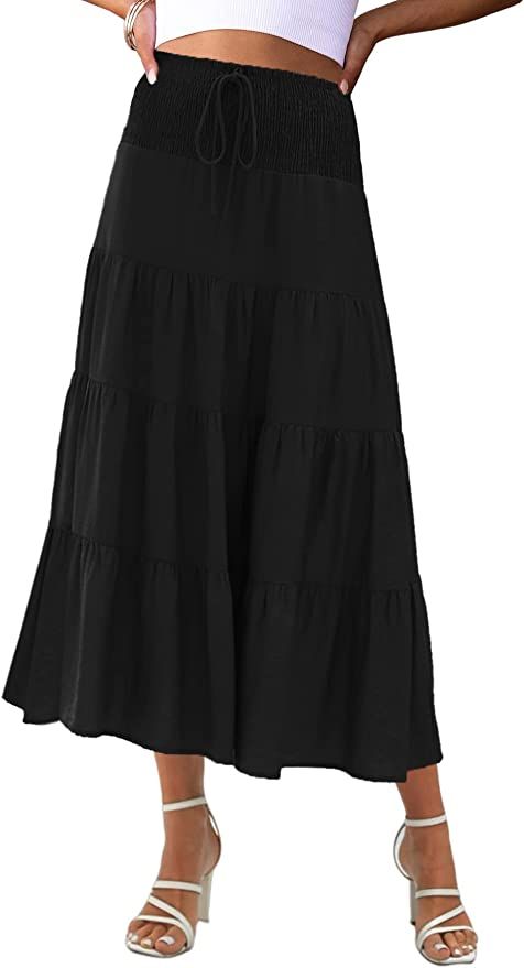 Women Tiered Skirts Smocked High Waist Maxi Beach Boho Skirt Spring Summer Flowy Long Skirt | Amazon (US)