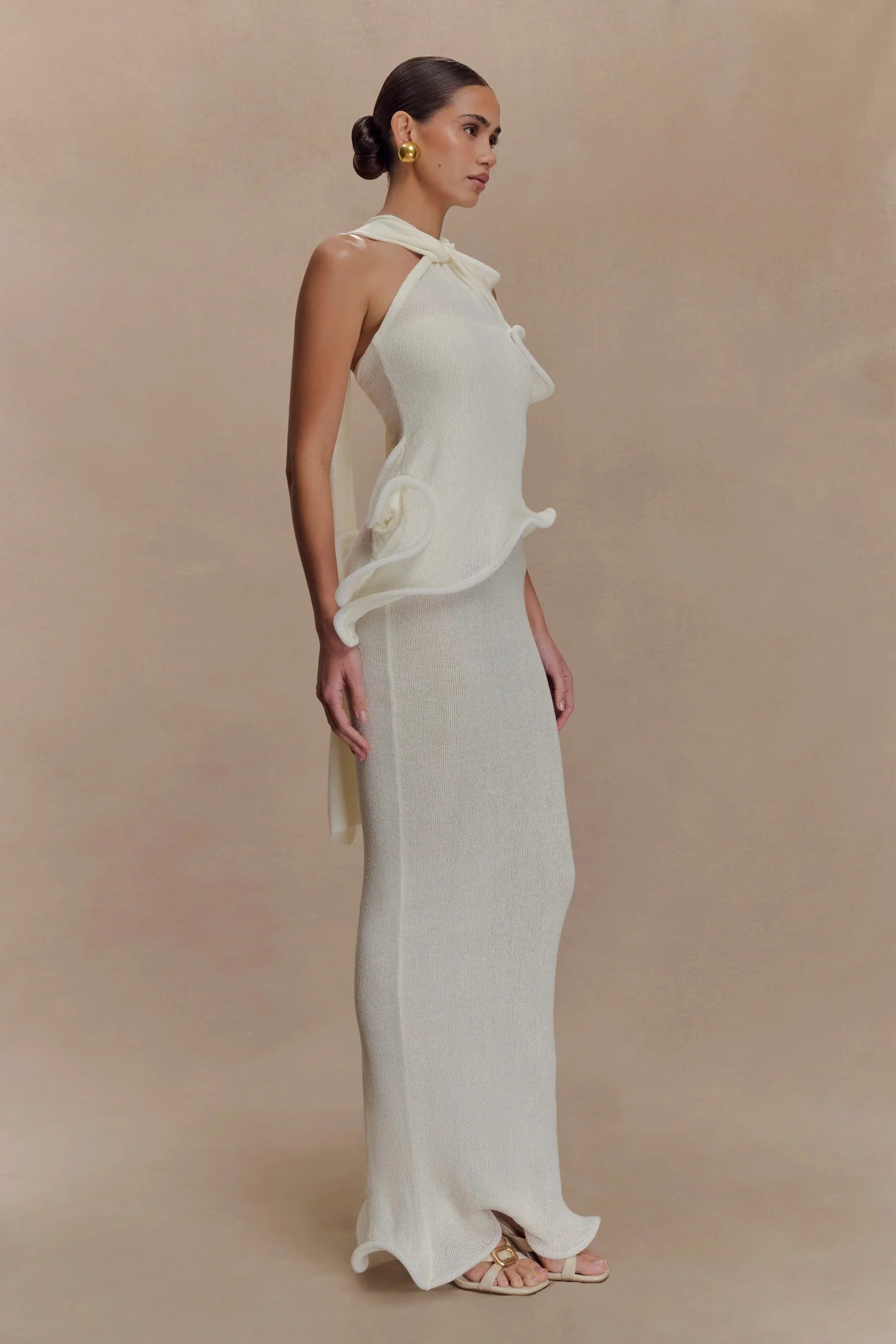 Caprice Halter Knit Maxi Dress - White | Meshki UK