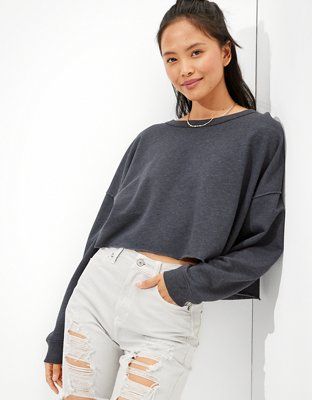 AE Fleece Cropped Crew Neck Sweatshirt | American Eagle Outfitters (US & CA)