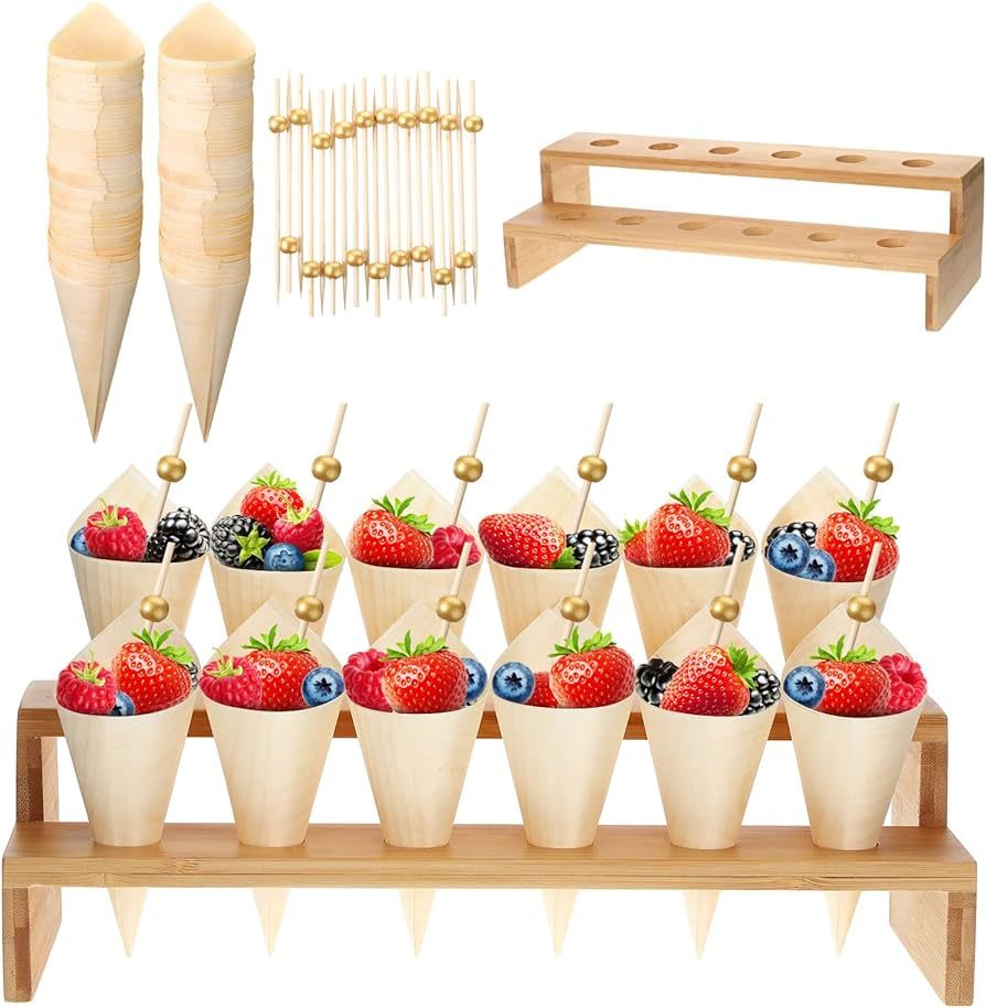 Food Cones 100 Pcs Disposable Wood Cones for Food with 12 Holes Ice Cream Cone Display Stand Char... | Amazon (US)