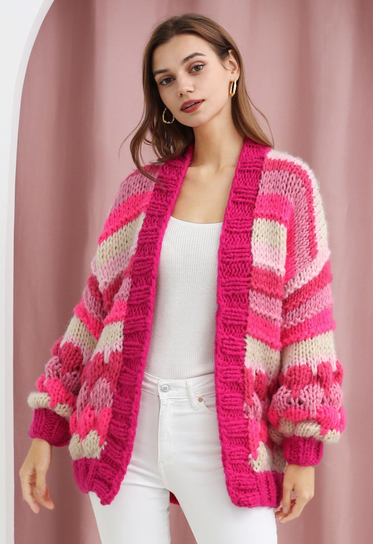 Pretty in Pink Color Block Hand Knit Cardigan | Chicwish
