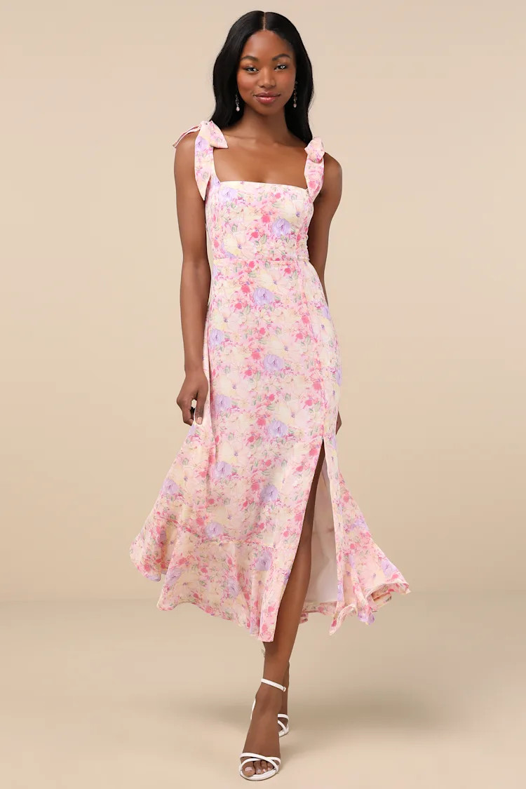 Summer Invite Pink Multi Floral Tie-Strap Tiered Midi Dress | Lulus