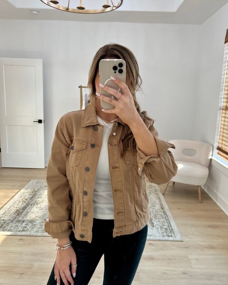 WALMART DENIM JACKET 🍂 Walmart dropped this denim jacket in this great neutral color and it also comes in 3 additional colors, wearing a small, fits tts.   Wearing my fitted baby tee in a small, and black flare jeans in a size 4, both fit tts 

#LTKunder50 #LTKSeasonal #LTKstyletip