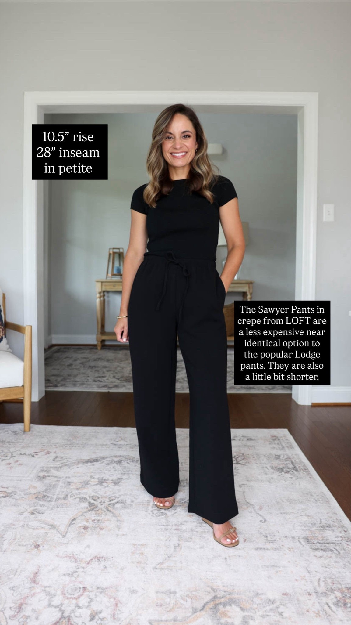 Ten petite-friendly pants in different styles and fits with rise and inseam measurements for each. 

I’m listing the size I wear in each one, the measurements are taken from that size. For comparison I have a 24” waist, 36” hips, 25” ankle inseam and a 27.5” - 28” full length inseam. I need a heel with all inseams over 28” 

LOFT Sawyer Crepe Pants: petite xxs / 10.5” rise / 28” inseam

Short sleeve top (shown in black): petite xxs