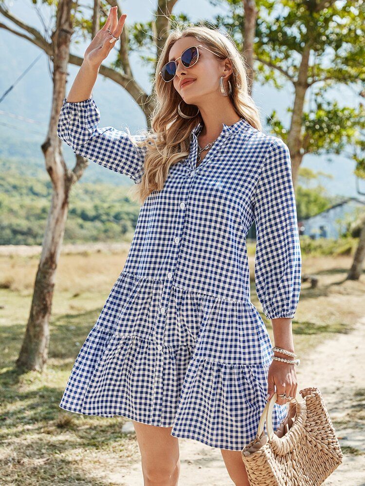 Gingham Notch Neck Ruffle Hem Dress | SHEIN