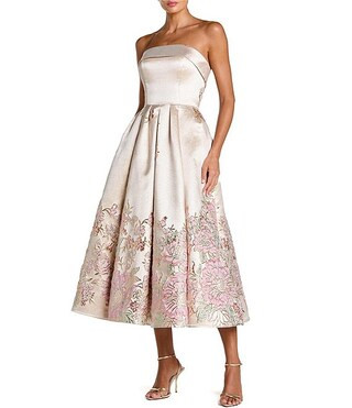 Strapless Brocade A-Line Midi Dress | Dillard's