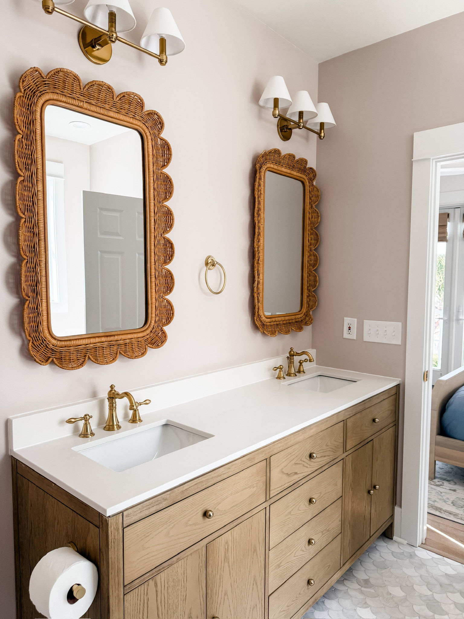 This is the bathroom that my parent's will use! I am in love with these rattan mirrors! They're so cute! We also have this vanity in Chris and I's bathroom at the beach house! The floor tile isn't linkable, but it's from Floors & Decor. It's called Iceberg Fan Honed Marble Mosaic.

Loverly Grey, home decor, bathroom inspo, beach house, home inspo 

 #LTKHome