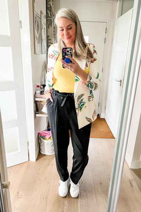 Ootd - Saturday. Blazer with fruit print, yellow top, black paperbag waist trousers, white sneakers. 



#LTKmidsize #LTKstyletip #LTKover40
