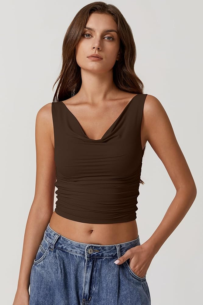 QINSEN Women's Cowl Neck Top Sleeveless Ruched Double Lined Crop Top Y2k T Shirts | Amazon (US)