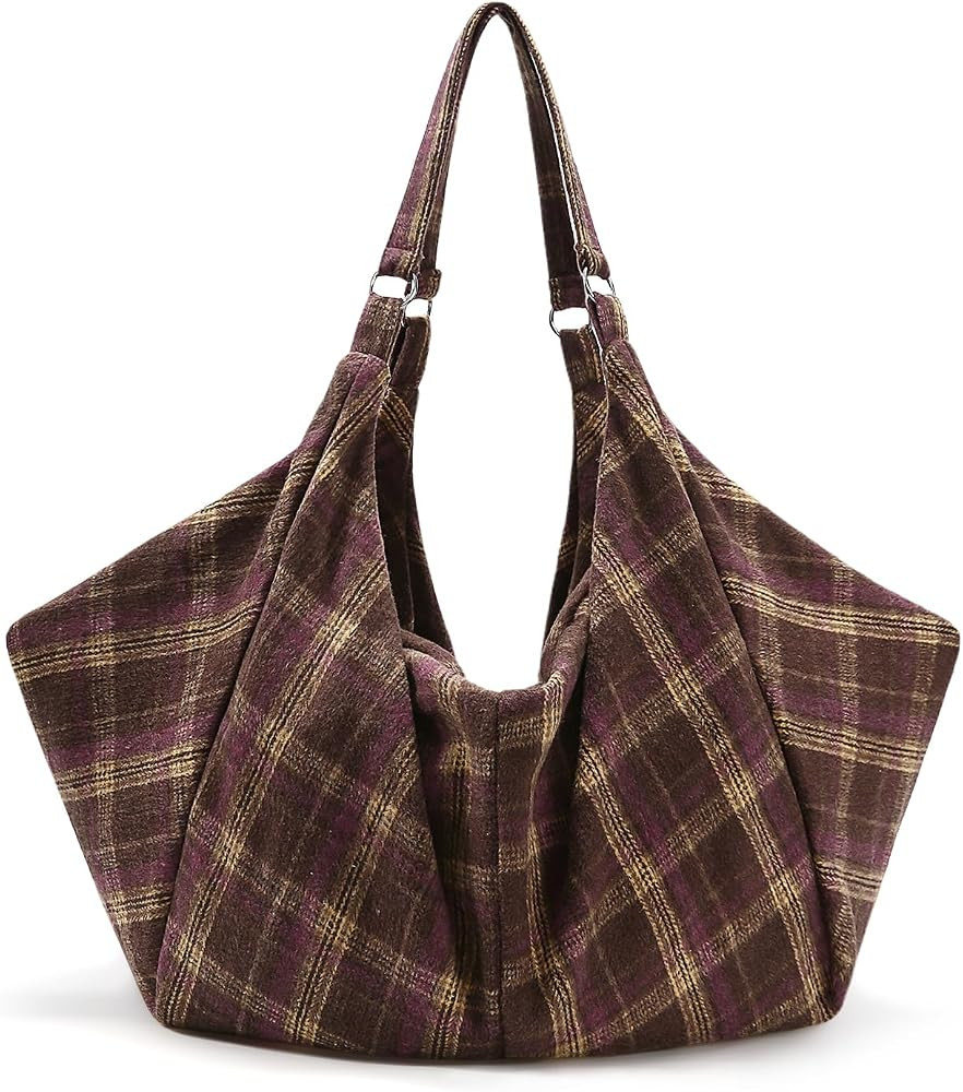 Slouchy Tote Bag for Women Large Capacity Retro Plaid Shoulder Bag | Amazon (US)