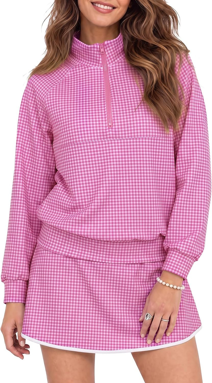 Fisoew Womens 2 Piece Outfits Gingham Half Zip Sweatshirts Mini Skorts Set | Amazon (US)